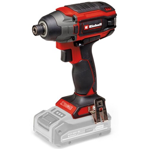 Czarno-czerwona zakrętarka udarowa z widocznym logo "Einhell Professional" na obudowie. Na dolnej części narzędzia znajduje się metalowy klips oraz miejsce na akumulator z napisem "LI-ION 4.0 Ah 18V" i "POWER X-CHANGE".