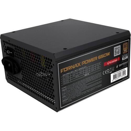 Czarny zasilacz komputerowy z widocznym włącznikiem i gniazdem zasilania, z boku znajduje się etykieta z napisem "FORNAX POWER 650W" oraz specyfikacjami technicznymi. Na etykiecie widoczne są także oznaczenia certyfikatów, logo "gembird" oraz kod kreskowy