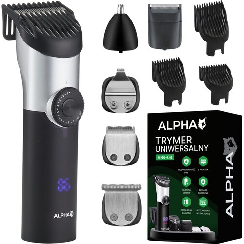 Na zdjęciu znajduje się bezprzewodowy trymer ALPHA ABS-04 z różnymi nasadkami i akcesoriami, a obok niego widoczny jest czarny karton z napisem: "ALPHA TRYMER UNIWERSALNY ABS-04". Na opakowaniu wymienione są funkcje: wodoodporność IPX6, 5 nasadek, pojemna