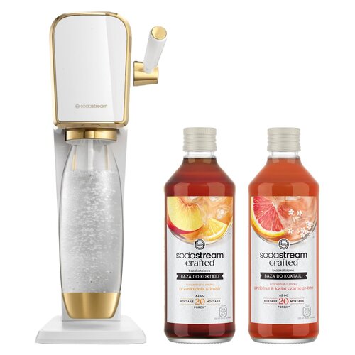 Saturator SODASTREAM Art Biało-złoty + Syrop SODASTREAM Crafted Brzoskwinia i Imbir 330 ml + Syrop SODASTREAM Crafted Grejpfrut i Kwiat czarnego bzu 330 ml