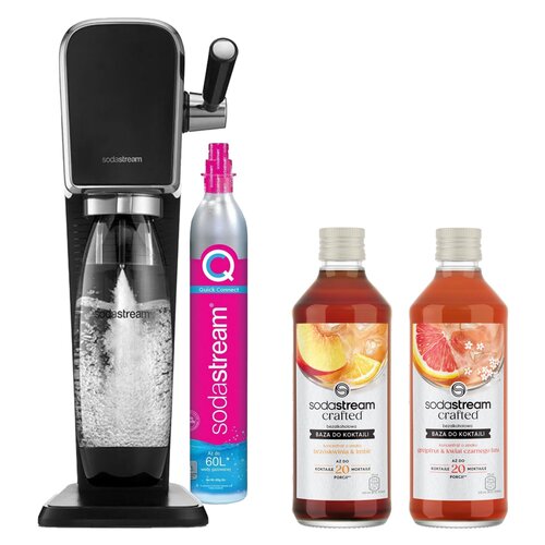 Saturator SODASTREAM Art Czarny + Syrop SODASTREAM Crafted Brzoskwinia i Imbir 330 ml + Syrop SODASTREAM Crafted Grejpfrut i Kwiat czarnego bzu 330 ml