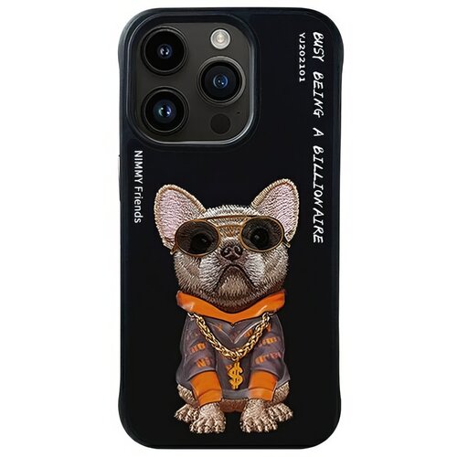 Czarne etui na telefon z grafiką psa w okularach przeciwsłonecznych, ubranym w pomarańczową bluzę z kapturem i złoty łańcuch z symbolem dolara. Na etui widnieją napisy: "NIMMY Friends" oraz "BUSY BEING A BILLIONAIRE VJ202101".