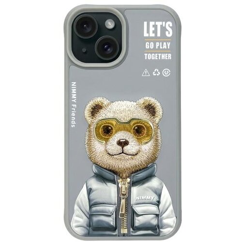 Szare etui na telefon z nadrukiem misia w żółtych okularach i srebrnej kurtce z napisem "NIMMY". W górnej części etui znajduje się tekst: "LET'S GO PLAY TOGETHER", a po boku napis "NIMMY Friends" oraz symbole recyklingu.