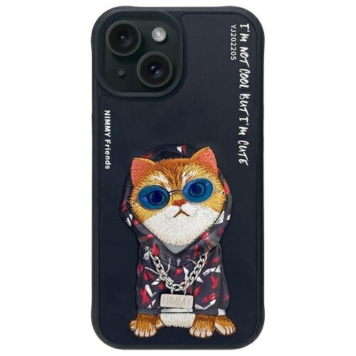 Czarne etui na telefon z grafiką kota w okularach przeciwsłonecznych i bluzie z kapturem, ozdobionej łańcuchem. Na etui widnieją napisy: "NIMMY Friends" oraz "I'M NOT COOL BUT I'M CUTE YD202205".