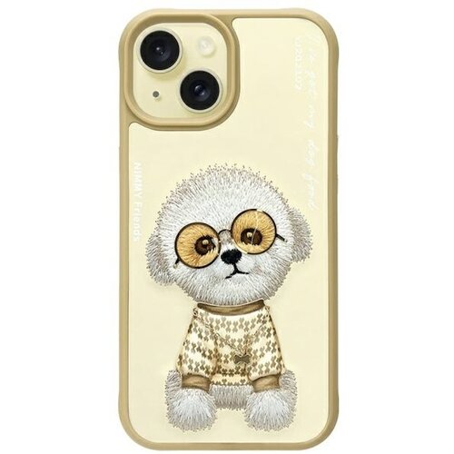 Etui na telefon w kolorze khaki przedstawia haftowanego psa w okularach, ubranego w sweter z wzorem. Na etui widoczny jest tekst: "NIMMY Friends" oraz "You give me the best feeling".