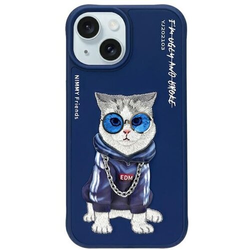 Niebieskie etui na telefon przedstawia kota w okularach przeciwsłonecznych, ubranym w bluzę z kapturem i łańcuchem z napisem "EDM". Na etui widoczne są napisy: "NIMMY Friends", "YJ202103" oraz "F**k You And Smoke".