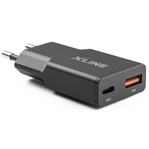 Czarna ładowarka sieciowa z logo "XLINE" na obudowie, posiada dwa porty: USB-C oznaczony jako "30W" i USB-A oznaczony jako "18W". Produkt ma metalowe wtyki do gniazdka elektrycznego.