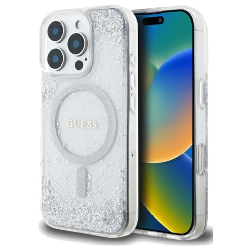 Przezroczyste etui na telefon z brokatowym wykończeniem i okrągłym wzorem MagSafe, na którym widnieje napis "GUESS". Obok etui znajduje się telefon z kolorowym wyświetlaczem.