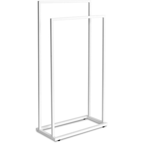Biały wieszak łazienkowy o prostokątnej konstrukcji z dwoma poziomymi ramionami, wykonany z metalu. Produkt ma minimalistyczny design i stoi na prostokątnej podstawie.