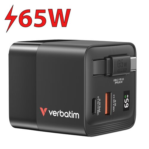 Ładowarka sieciowa VERBATIM GaN 65W + Adapter EU/UK/US Czarny