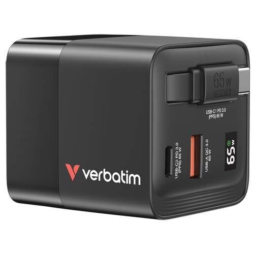 Ładowarka sieciowa VERBATIM GaN 65W + Adapter EU/UK/US Czarny
