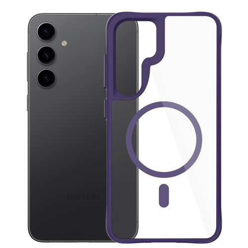 Na zdjęciu widoczne jest przezroczysto-fioletowe etui z okrągłym wzorem na środku, przeznaczone do telefonu Samsung Galaxy S24/S25. Obok etui znajduje się czarny telefon z trzema obiektywami aparatu i logo "Samsung" na dole.