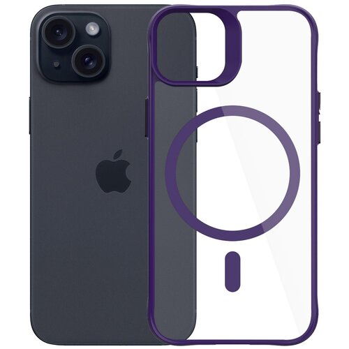 Na zdjęciu widoczny jest ciemny smartfon z logo w kształcie nadgryzionego jabłka oraz przezroczysto-fioletowe etui z okrągłym wzorem na środku. Etui ma wycięcia na aparat i przyciski, a jego krawędzie są w kolorze fioletowym.