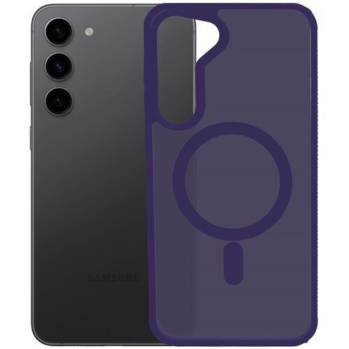 Na zdjęciu widoczne jest fioletowe etui z okrągłym wzorem na tylnej części, przeznaczone do telefonu Samsung Galaxy S24. Obok etui znajduje się tył telefonu z trzema obiektywami aparatu i logo "Samsung" na dole.