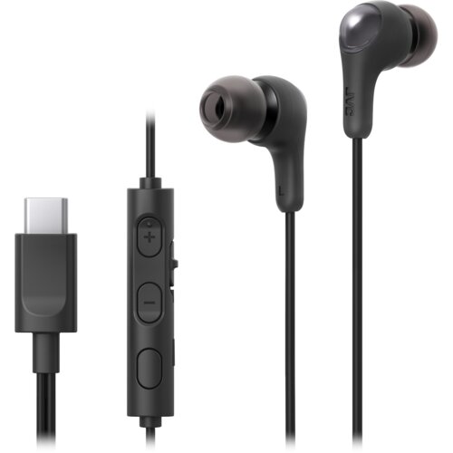 Czarne słuchawki dokanałowe z wtyczką USB-C, widoczne są z przyciskiem regulacji głośności oraz logo JVC na jednej z wkładek. Na zdjęciu znajdują się również oznaczenia "L" na jednej z wkładek.
