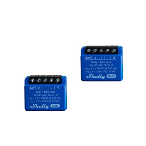 Na zdjęciu znajdują się dwa niebieskie urządzenia z widocznymi zaciskami i napisami: "Shelly 1 Mini Gen3, 110-240 VAC, 50/60 Hz, max. 8 A / 2000W @ 240 VAC, max. 5 A / 150 W @ 30 VDC" oraz logo "Shelly Gen3".