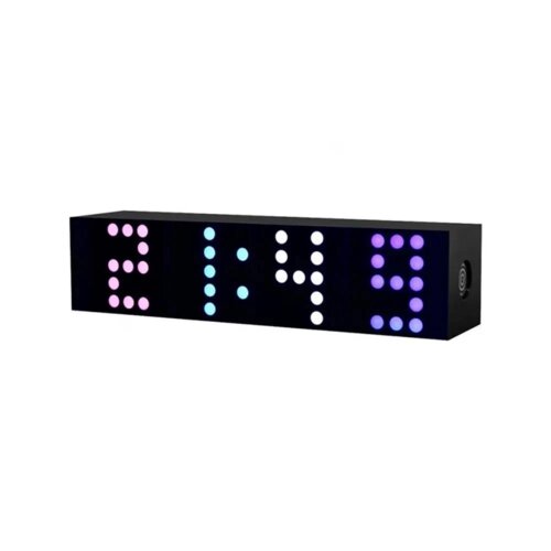 Czarny panel świetlny wyświetla cyfry "21:49" w kolorach różowym, niebieskim i fioletowym. Na bocznej ściance widoczny jest okrągły przycisk.