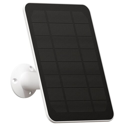 Na zdjęciu znajduje się czarny panel solarny z białą ramką, zamontowany na białym uchwycie ściennym. Panel ma prostokątny kształt z zaokrąglonymi rogami i widoczne są na nim rzędy małych kwadratowych segmentów.