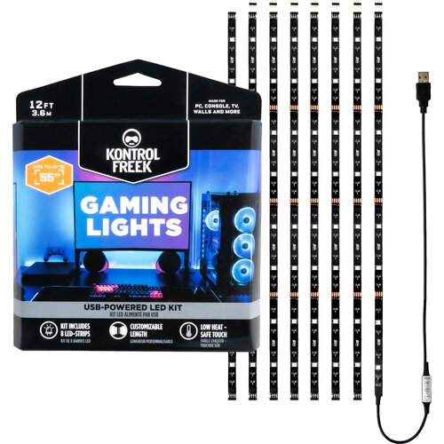 Opakowanie produktu "Kontrol Freek Gaming Lights" przedstawia zestaw oświetlenia LED z napisem "12 FT 3.6 M" oraz grafiką przedstawiającą komputer z podświetleniem. Obok opakowania widoczne są paski LED oraz kabel USB, a na opakowaniu znajdują się dodatko