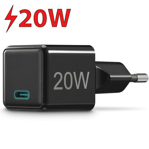 Czarna ładowarka sieciowa z napisem "20W" na boku oraz widocznym portem USB-C. Nad ładowarką znajduje się czerwony napis "20W" z symbolem błyskawicy.
