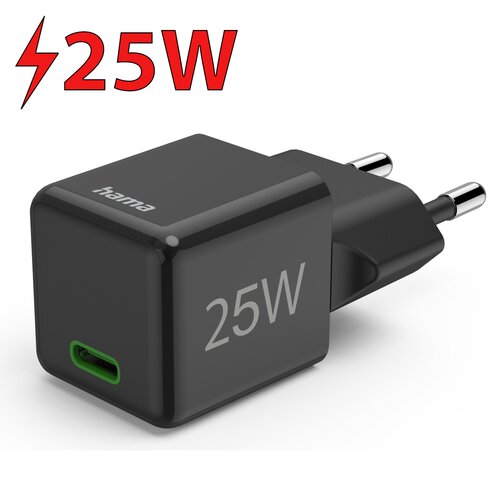 Czarna ładowarka sieciowa z napisem "25W" na boku oraz logo "hama" na górze, z widocznym zielonym portem USB-C. W tle znajduje się czerwony napis "25W" z symbolem błyskawicy.