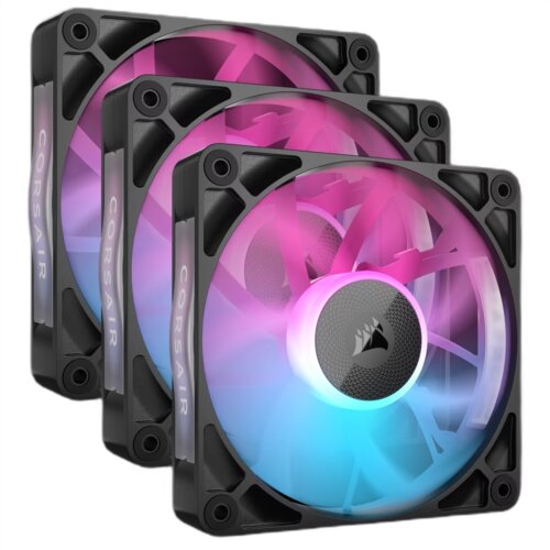 Trzy czarne wentylatory z podświetleniem RGB w kolorach różowym i niebieskim, z widocznym logo producenta na środku. Na obudowie wentylatorów znajduje się napis "CORSAIR".