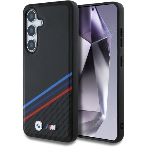 Etui BMW Leather Tricolor Crossing Stripes MagSafe do Samsung Galaxy S25 Czarny