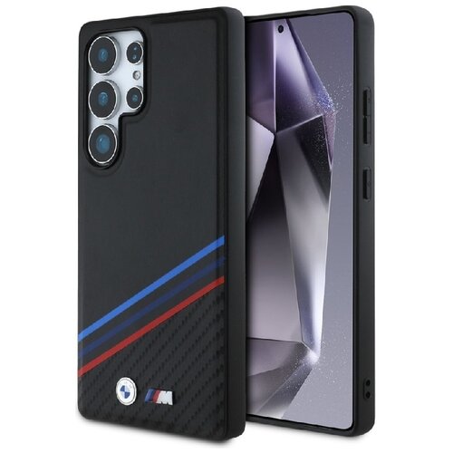 Etui BMW Leather Tricolor Crossing Stripes MagSafe do Samsung Galaxy S25 Ultra Czarny