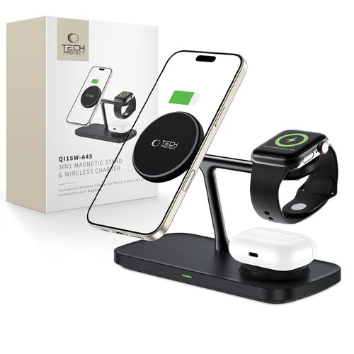 Ładowarka indukcyjna TECH-PROTECT QI15W A45 3w1 MagSafe Czarny