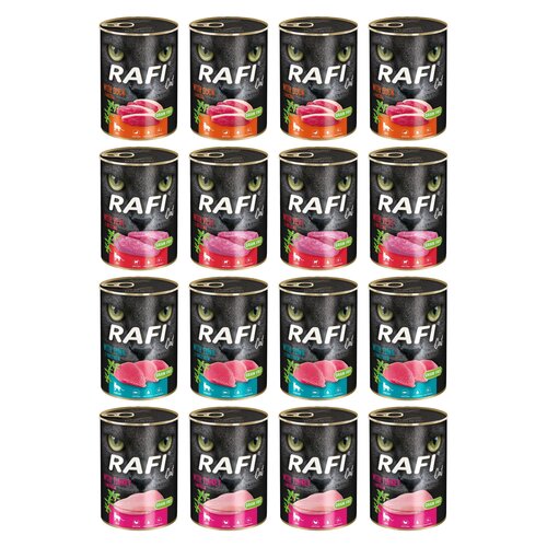 Karma dla kota RAFI Mix smaków z cielęciną, indykiem, tuńczykiem, kaczką 16 x 400 g