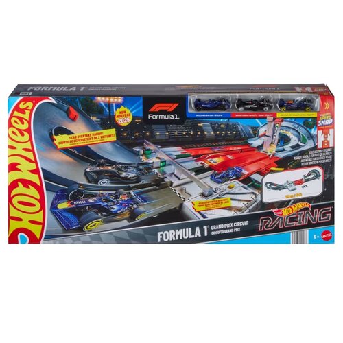 Pudełko z zestawem "Tor Hot Wheels Grand Prix JDY16" przedstawia tor wyścigowy z trzema samochodami Formuły 1 oraz napisami: "Formula 1 Grand Prix Circuit", "3 car overtaking racing!" i "New Novità 2025". Widoczne jest logo Hot Wheels oraz ilustracja toru
