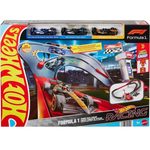 Opakowanie zestawu "Tor Hot Wheels Formuła 1 JDY15" przedstawia tor wyścigowy z samochodami, z widocznymi napisami: "Hot Wheels", "Formula 1", "Racing", "Sprint Race Circuit", oraz "New Nouveau 2025". Na górze opakowania znajdują się trzy modele samochodó
