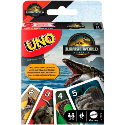 Opakowanie gry karcianej UNO z motywem Jurassic World, z widocznymi kartami przedstawiającymi dinozaury oraz tekstem: "INCLUDES A SPECIAL RULE! AVEC UNE RÈGLE SPÉCIALE! ¡INCLUYE UNA REGLA ESPECIAL! INCLUI UMA REGRA ESPECIAL!". Na opakowaniu znajdują się również logotypy "UNO" i "Jurassic World Rebirth", a także oznaczenia wiekowe i liczby graczy.