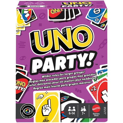 Fioletowe opakowanie gry karcianej z dużym napisem "UNO PARTY!" oraz mniejszymi napisami w kilku językach: "Wilder rules for larger groups!", "Reglas más alocadas para grupos más grandes!", "Cartes délirantes pour les joueurs plus nombreux!", "Regras mais