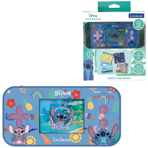 Na zdjęciu znajduje się niebieska zabawka konsola z motywem postaci z bajki, ozdobiona kolorowymi grafikami kwiatów, owoców i tęczy, z widocznym napisem "Disney Stitch" oraz "Lexibook". Obok konsoli znajduje się opakowanie z napisem "Disney Classics", "15