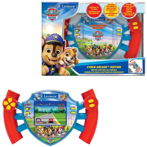 Opakowanie i konsola do gier Lexibook z motywem Psi Patrol, z kolorowym ekranem i czerwonymi uchwytami. Na opakowaniu widnieje napis: "Cyber Arcade® Motion" oraz "50 games including 10 Paw Patrol!"