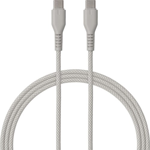 Szary kabel USB-C do USB-C o długości 1,5 metra z plecionym oplotem, widoczny na białym tle. Końcówki kabla są wykonane z tworzywa sztucznego i mają prosty, nowoczesny design.