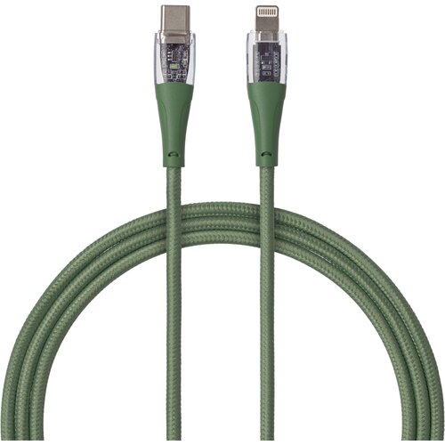 Zielony kabel USB Typ-C - Lightning o długości 1,5 metra z przezroczystymi końcówkami, ukazującymi wewnętrzne elementy elektroniczne. Kabel ma plecioną osłonę i zielone wzmocnienia przy złączach.