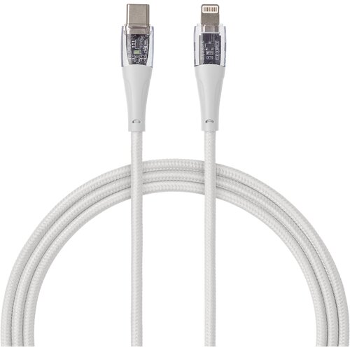 Biały kabel USB Typ-C - Lightning o długości 1,5 metra z przezroczystymi końcówkami, ukazującymi wewnętrzne elementy elektroniczne. Produkt ma plecioną osłonę, co zwiększa jego trwałość.