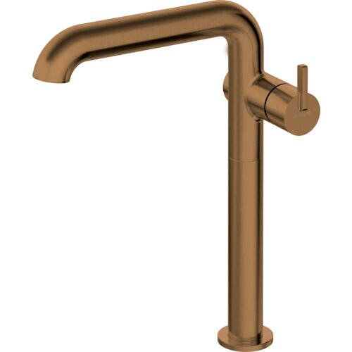 Na zdjęciu znajduje się bateria umywalkowa w kolorze brązu szczotkowanego, o nowoczesnym, minimalistycznym designie z prostym, cylindrycznym korpusem i poziomym wylewem. Na uchwycie widoczne jest logo "deante".