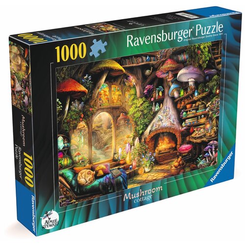 Pudełko puzzli Ravensburger przedstawia kolorową ilustrację domku z grzybami, otoczonego bujną roślinnością i fantastycznymi elementami. Na opakowaniu widnieje napis "Ravensburger Puzzle", "1000" oraz "Mushroom cottage".