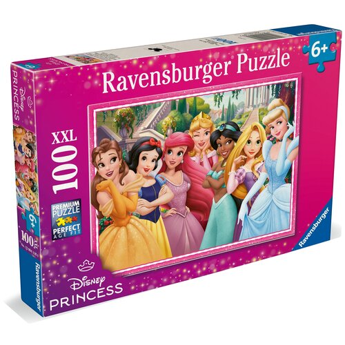 Pudełko puzzli Ravensburger z serii Disney Princess, zawierające 100 elementów, przedstawia ilustrację z postaciami księżniczek Disneya. Na opakowaniu widnieją napisy: "Ravensburger Puzzle", "XXL 100", "Premium Puzzle", "Perfect Age Fit", "6+", "Disney Pr