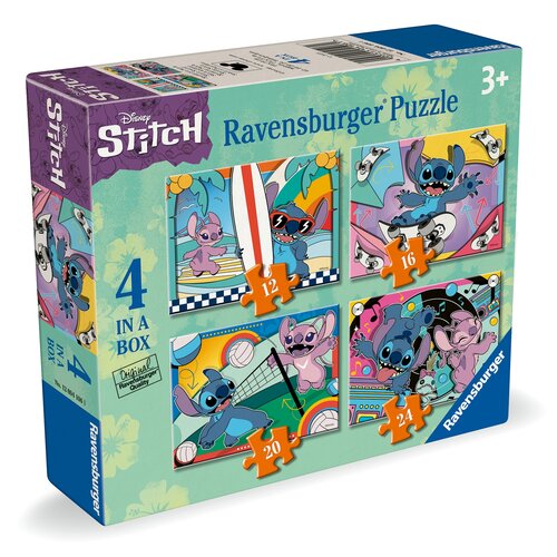Pudełko puzzli Ravensburger z motywem Disney Stitch, zawierające cztery obrazki o różnej liczbie elementów: 12, 16, 20 i 24. Na opakowaniu widoczne są kolorowe ilustracje przedstawiające postać z kreskówki oraz napisy: "Disney Stitch", "Ravensburger Puzzl