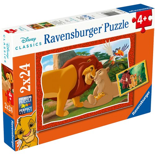 Pudełko puzzli z serii "Disney Classics" marki Ravensburger, zawierające ilustrację z postaciami z filmu "Król Lew". Na opakowaniu widnieje napis "2x24", a także oznaczenie wiekowe "4+" oraz logo Ravensburger.