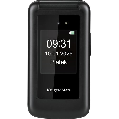 Czarny telefon z klapką marki Krüger&Matz, na ekranie wyświetla godzinę 09:31, datę 10.01.2025 oraz dzień tygodnia "Piątek". Na obudowie widoczne jest logo "Krüger&Matz".