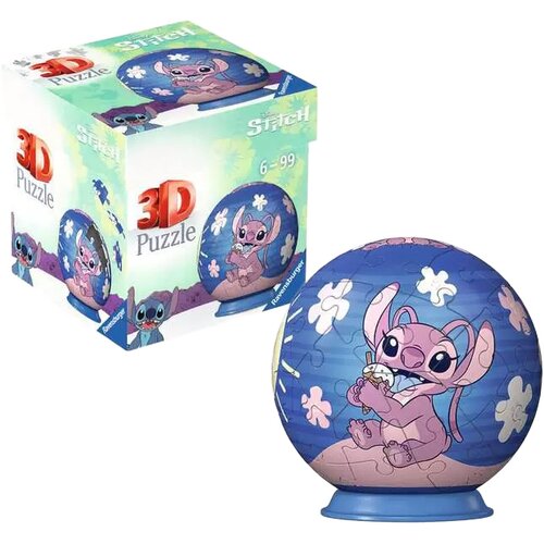 Na zdjęciu znajduje się pudełko z puzzlami 3D oraz złożona kula z motywem postaci z bajki. Na pudełku widnieje napis: "3D Puzzle", "6-99", "Ravensburger", a na kuli znajduje się postać z bajki otoczona kwiatami.