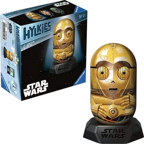 Na zdjęciu znajduje się opakowanie oraz złożony model puzzli 3D przedstawiający postać C-3PO z serii Star Wars. Na opakowaniu widnieją napisy: "Hylkies", "C-3PO", "Star Wars", "Ravensburger" oraz "Nr 21".