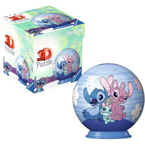 Na zdjęciu znajduje się opakowanie oraz złożona kula z puzzli 3D z motywem postaci z filmu "Stitch" od Disney, przedstawiająca niebieską i różową postać z pluszową zabawką. Na opakowaniu widnieje napis "3D Puzzle", "6-99" oraz "Ravensburger".