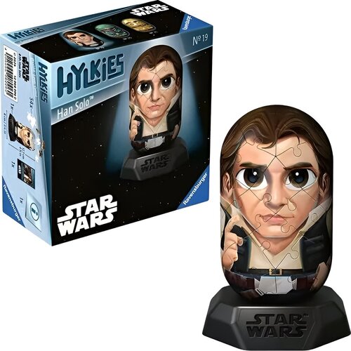 Na zdjęciu znajduje się opakowanie oraz złożony model 3D puzzli przedstawiających postać z dużymi oczami. Na opakowaniu widnieje tekst: "HYLKIES Han Solo™", "Star Wars", "Ravensburger", "Nr 19", oraz "54x".