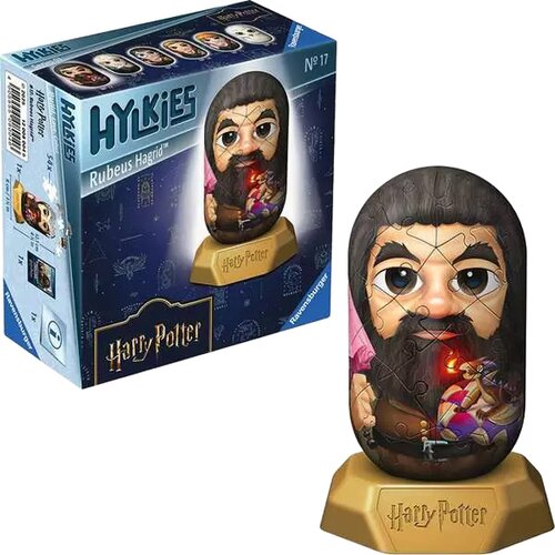 Na zdjęciu znajduje się opakowanie oraz złożony model puzzli 3D przedstawiający postać z serii "Harry Potter". Na opakowaniu widnieje napis "HYLKIES Rubeus Hagrid", a na podstawce modelu napis "Harry Potter".